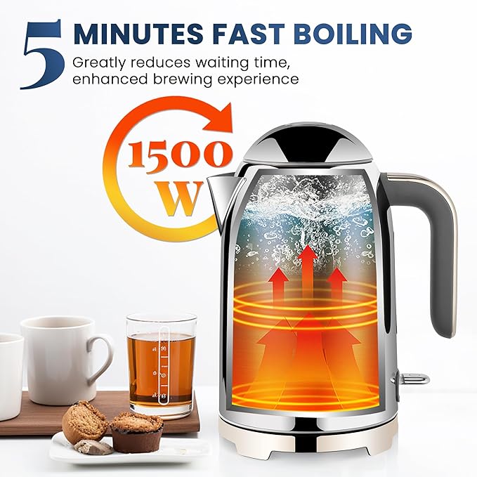 SUSTEAS Electric Kettle - 57oz Hot Tea Water Boiler with Thermometer, 1500W Fast Heating Stainless Steel Pot, Cordless LED Indicator, Auto Shut-Off & Boil Dry Protection, Silver