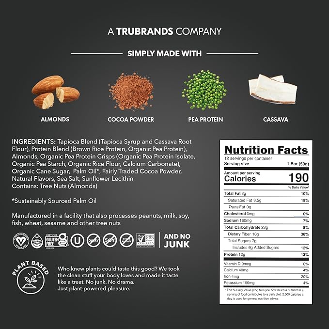 TRUBAR Vegan Protein Bar, Sweet & Dreamy Cookies and Creamy, Gluten Free, Plant Based Protein, Dairy Free, Non GMO, Soy Free, No Sugar Alcohols, 12G Protein, 12G Fiber, 23G Carb, On the Go Snack Bars, 12ct