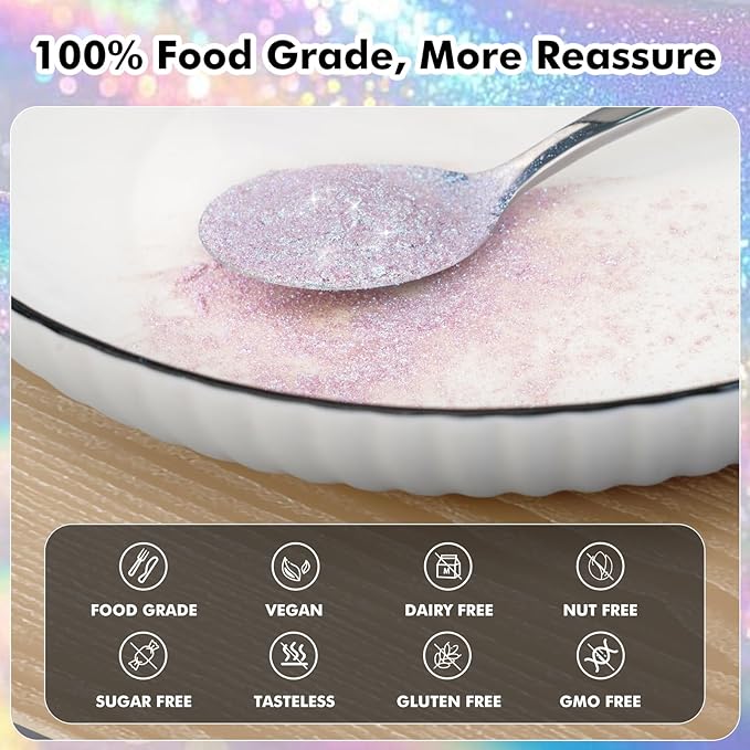 Edible Glitter - 4 Colors Luster Dust Edible, 100% Food Grade Edible Glitter for Drinks, Cakes, Easter Eggs, and Cookie Decoration, Vegan-Friendly Edible Luster Dust（0.18oz/5g）