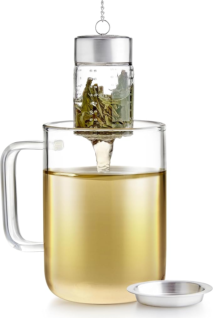 Teabloom Puresteep Glass Tea Infuser with Lid & Drip Tray – Borosilicate Glass Loose Leaf Steeper with Stainless Steel Chain – Non-Toxic – Small or Large Size