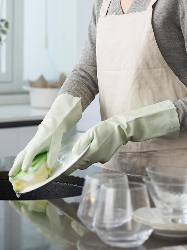 LANON 3 Pairs wahoo Skin-Friendly Cleaning Gloves, Dishwashing Kitchen Gloves with Cotton Flocked Liner, Reusable, Non-Slip, Canary Green, Medium