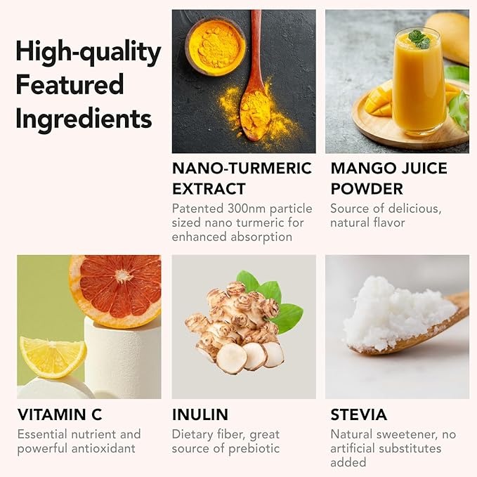 Nano Turmeric Curcumin Drink Powder, Golden Juice for Wellness & Immunity, No Turmeric Taste, Add to Smoothies/Water Daily Morning Routine–35X Absorption–Mango Flavor–Joint Support Supplement