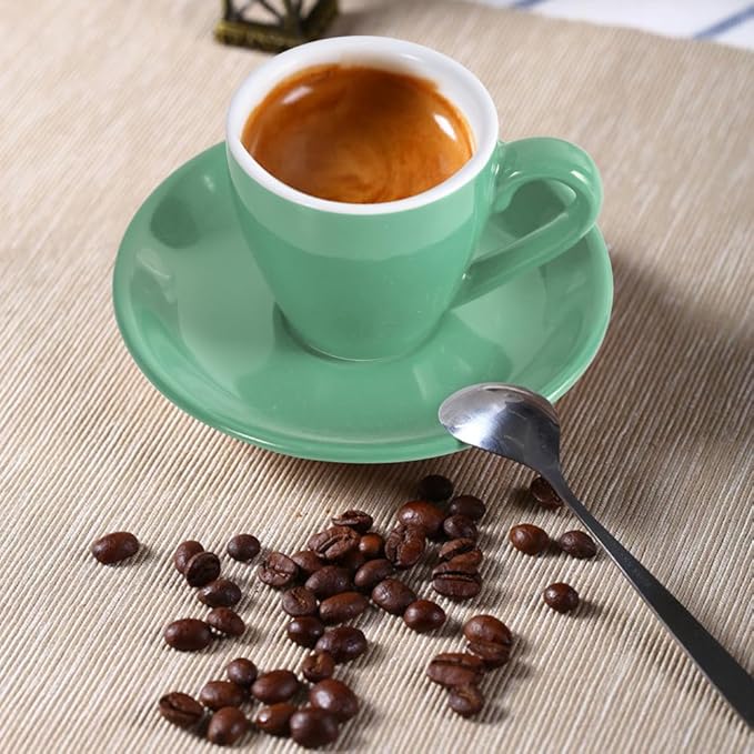 Porcelain Espresso Cup with Saucer And Stainless Steel mini Spoons, Espresso shot Cup, 80ml/2.7Oz, Pack of 2, Cyan