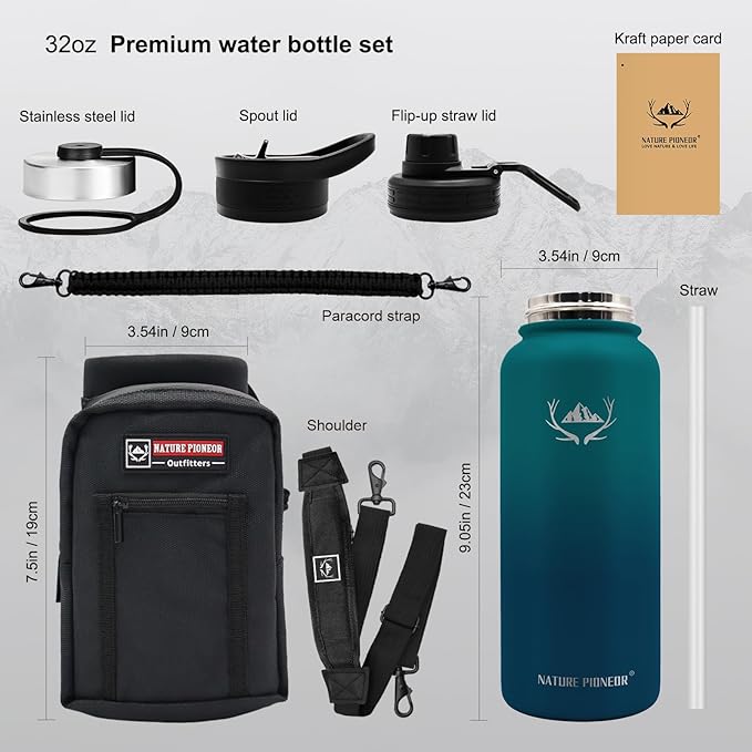NATURE PIONEOR Insulated Water Bottles with Straw - 32oz Stainless Steel Vacuum Bottle with Holder/Carrier/Sleeve - Reusable 18/8 Food Grade 32 oz Water Jug