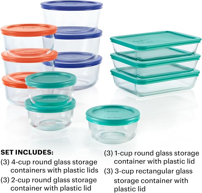 Pyrex Simply Store (12-Pack) Glass Food Storage Containers Set, (1, 2, & 3 Cup) Meal Prep Containers With BPA-Free Lids, Dishwasher & Microwave Safe