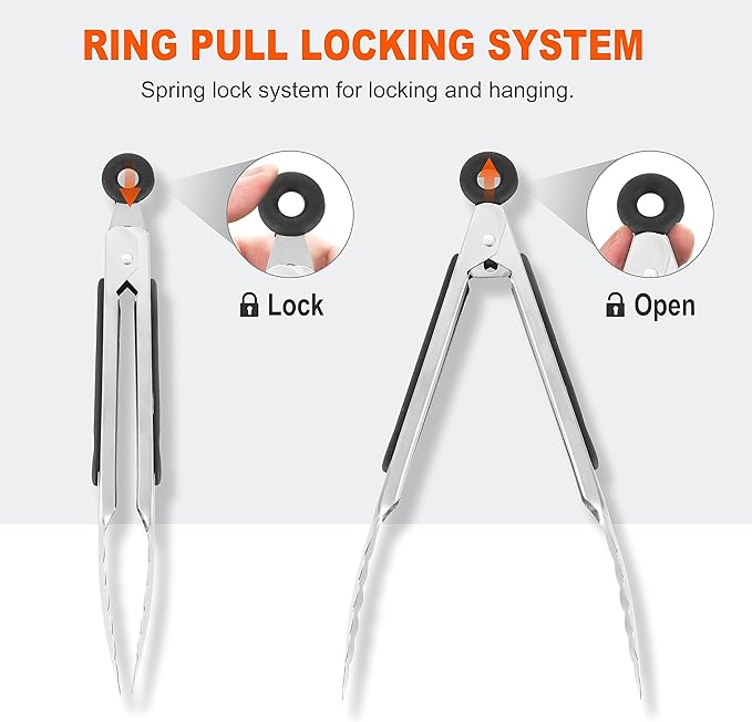 Anaeat 3 Pack 7" Mini Stainless Steel Locking Tongs - Sturdy Coiled Spring Kitchen Food Tong with Non-Slip Silicone Tips and Grip for Serving, Cooking, Baking and BBQ - Heat Resistant Metal Tongs