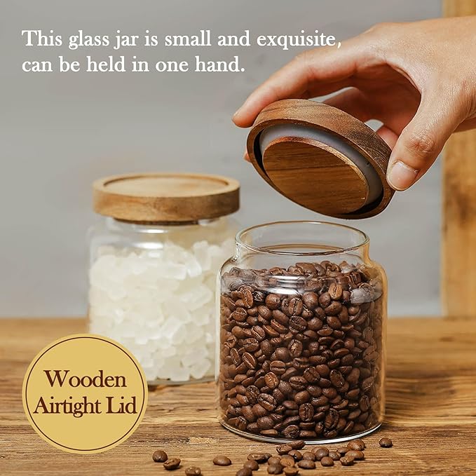 Labina Glass Storage Container Airtight Food Jars Kitchen Canister with Wood Lids, 20 Oz Wide Mouth Pantry Organization Glass Jar for Flour, Sugar, Cookie, Spagetti, Nuts and Candy