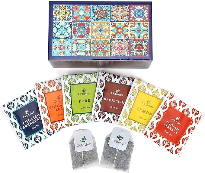 Octavius Assorted Tea Gift Set | 6 Assorted Black & Green Teas | 30 Teabags | Wooden Tea Sampler Pack w/Tile Motif Design | Pack of 2 | Mothers Day Tea Gift Box