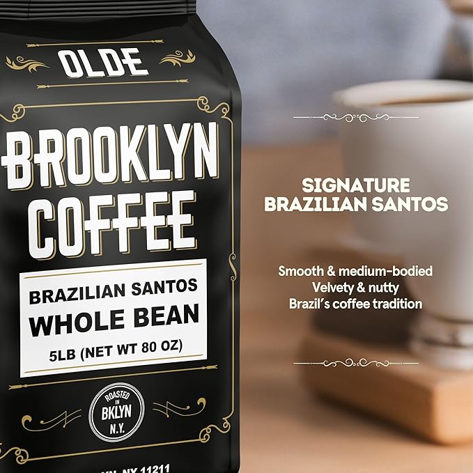 BROOKLYN COFFEE Whole Bean, Brazilian Santos Medium Roast (5lb) American, Breakfast, Classic - Fresh Bulk Coffee Beans Roasted Weekly in NYC
