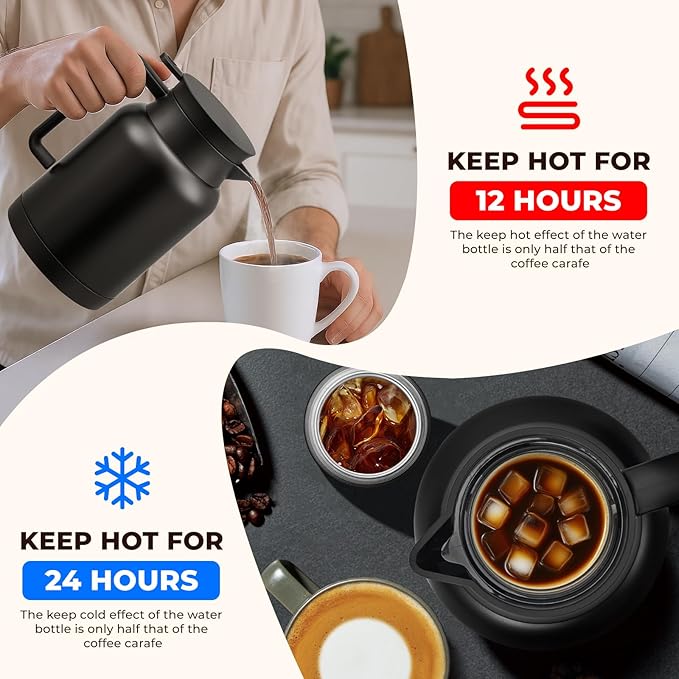 2 Pack 49oz Thermal Coffee Carafe and 15oz Insulated Water Bottle, Stainless Steel Vacuum Thermal Carafes and Water Bottle for Keeping Coffee, Tea, Water - Keep 12 Hours Hot, 24 Hours Cold