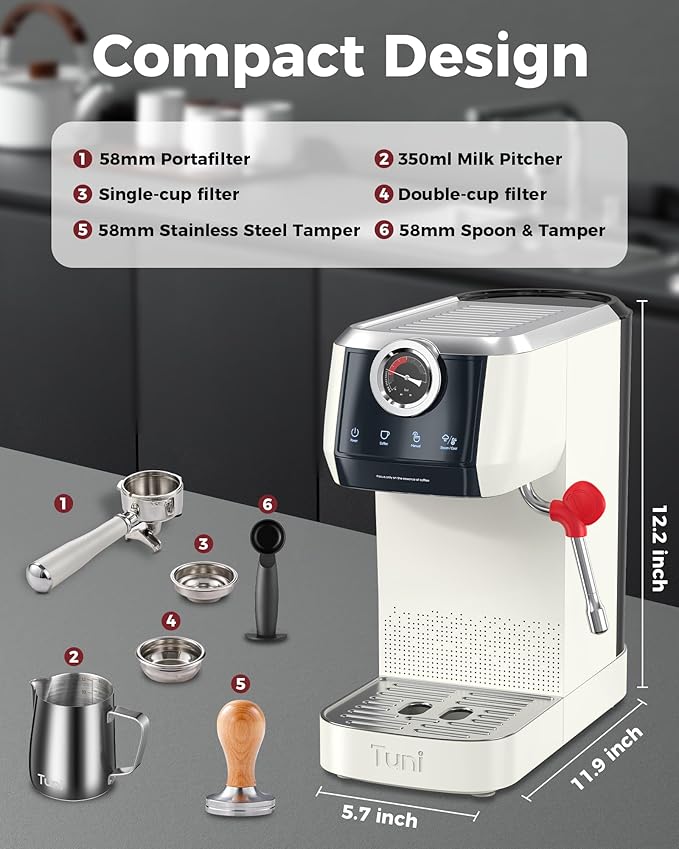 Tuni E2 58mm Espresso Machine 20Bar Espresso Maker, 𝐃𝐮𝐚𝐥 𝐁𝐨𝐢𝐥𝐞𝐫 Coffee Maker with 10mm Steam Milk Frother, Semi-automatic Coffee Machine with UKLA Pump for Espresso, Gift for Coffee Lover
