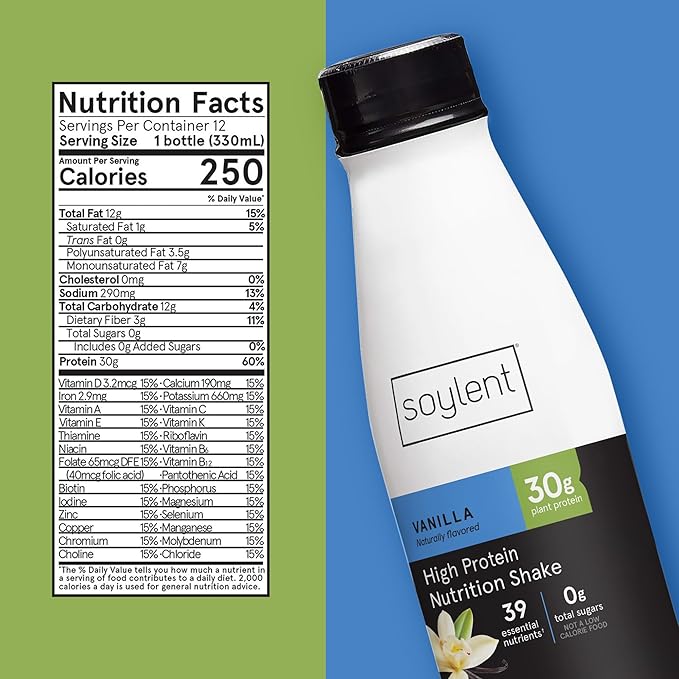 Soylent Vanilla High Protein Shake, 30g Complete Protein, Vegan, Dairy Free and 0g Sugar, Ready to Drink Protein Drinks, 11 Oz, 36 Pack