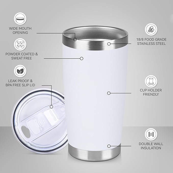 20 oz Tumbler Stainless Steel Tumblers Bulk with Lid Double Wall Insulated Coffee Tumbler Cups for Hot & Cold Drinks Powder Coated Travel Coffee Tumbler Mug Metal (White, 6 pack)