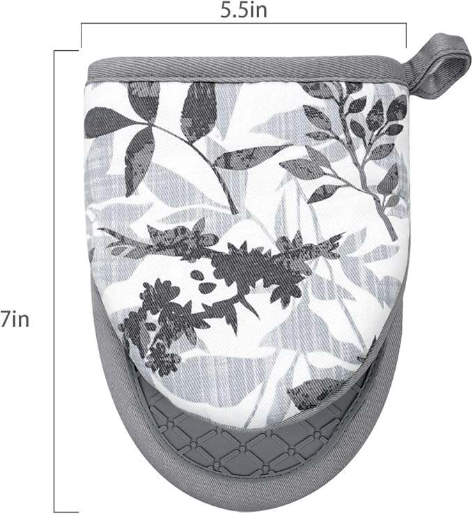 Mini Silicone Oven Mitts, Heat and Slip Resistant Kitchen Mittens 2-Pack Set, Foliage Flower Soft Short Oven Gloves, Flexible Thick Pot Holders for Safe Cooking Baking and Grilling (Grayish)