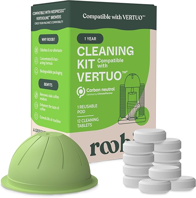 Roobi Cleaning Kit Compatible with Nespresso Vertuoline. Includes 1 Reusable Pod & 12 Cleaning Tablets. Carbon Neutral Vertuoline Cleaner Kit. 1 Year Supply.