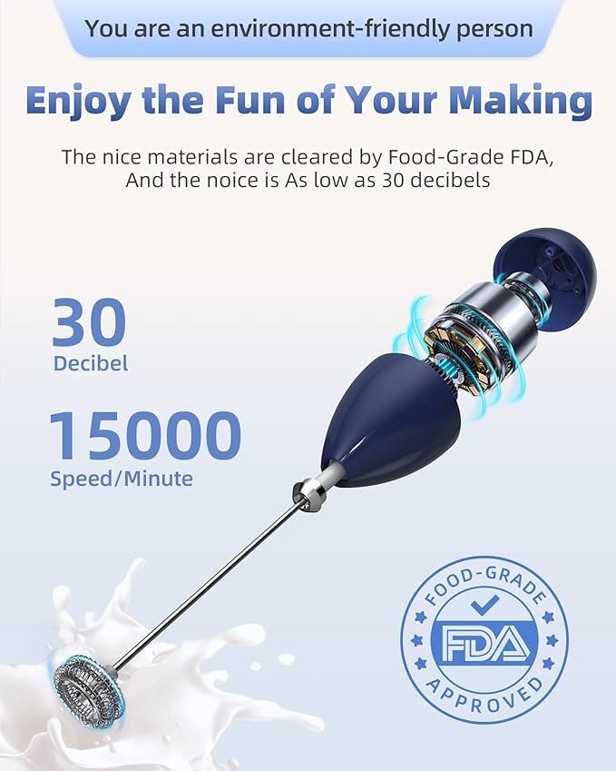 Milk Frother Handheld with Case,USB C Rechargeable Frother Wand for Coffee, Portable Electric Whisk with Stand,Waterproof Hand Drink Mixer Travel for Lattes, Cappuccino, Matcha, Egg (Navy blue)