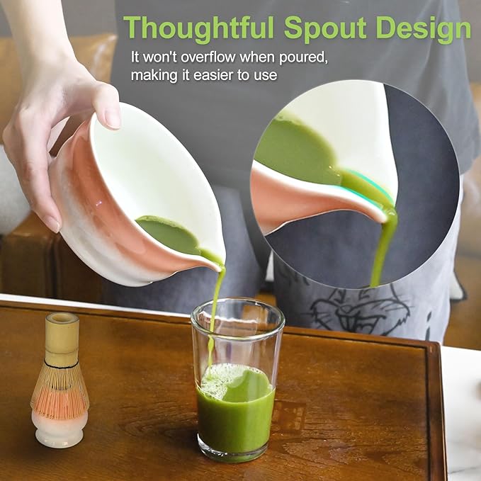 Pink Matcha Whisk Making Set - Japanese Tea Kit with Whisk Bowl and Bamboo Scoop Ceramic Chawan with Spout for Traditional Tea Ceremony Complete Matcha Making Tools Gift for Tea Lovers (Pink, 7 PCS)