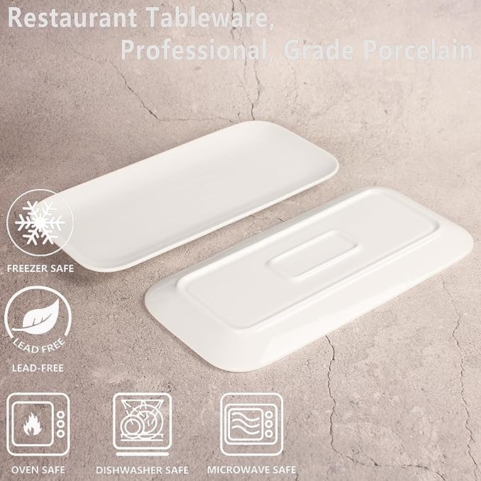 Serving Platters Set of 4, Rectangular Serving Plates, Serving Trays for Entertaining Party, Microwave,Oven,Dishwasher Safe,Kitchen Dinnerware, White 12.4 Inch