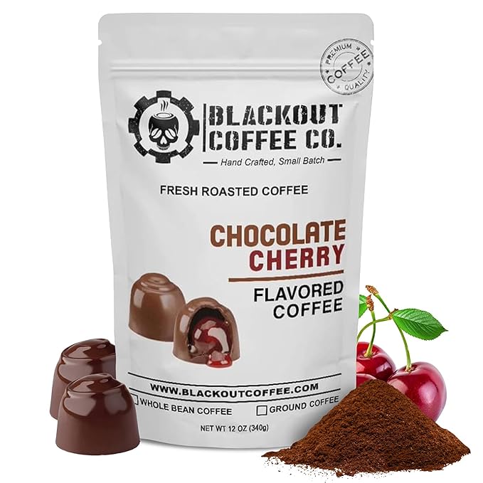 Blackout Coffee Chocolate Cherry Flavored Medium Roast - Freshly Roasted in the USA - 12 oz Ground Coffee Pouch