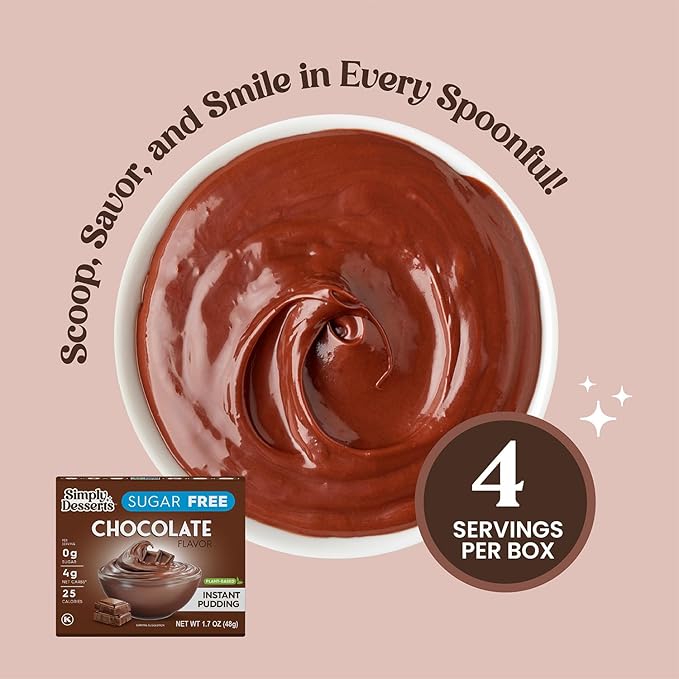 Simply Desserts Chocolate Instant Pudding, Sugar-Free, 6-Pack – Healthy Dessert, Keto Snacks, Vegan & Diabetic-Friendly, Kosher, 1.7 Oz Ea