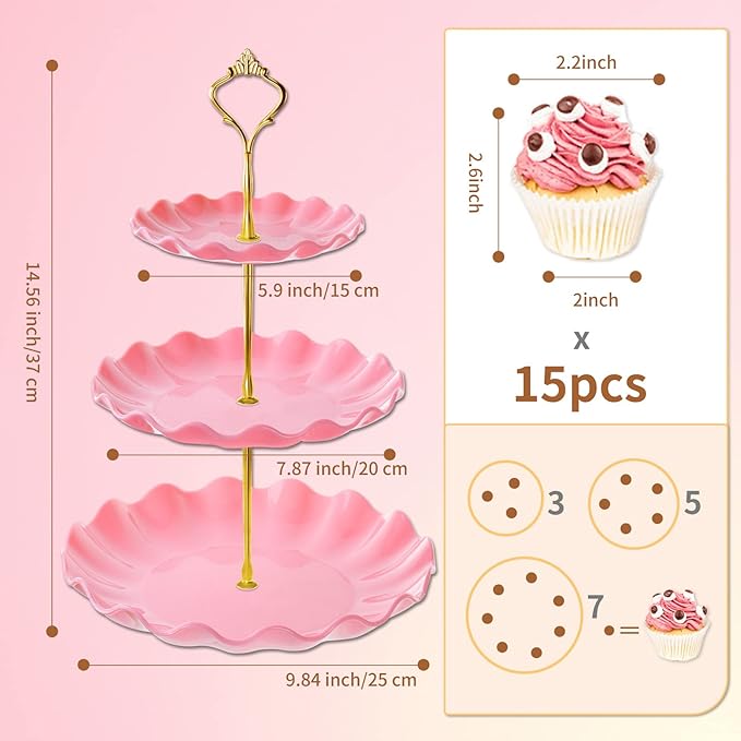 3 Tier Cupcake Stand Holder, BACUTHY Plastic Cup Cake Stand Tower with Tiered Serving Tray for Cupcakes, Donuts, Fruits and More, Pink
