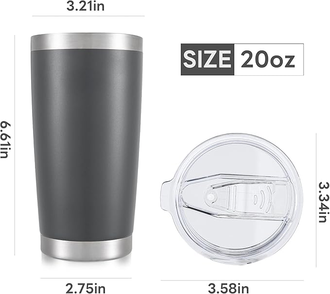 20 oz Tumbler with Lid Stainless Steel Insulated Tumblers Bulk Double Wall Vacuum Cups Powder Coated Travel Mug Keep Drink Cold and Hot, Grey, 8 Pack