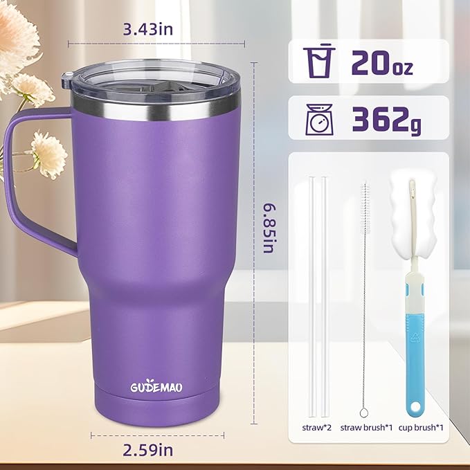 20 oz Insulated Coffee Mug with Ceramic Coating, Stainless Steel Travel Mug Tumbler with Handle Lid and Straw, Double Wall Leak-Proof Coffee Travel Mug Keeps Drink Hot and Cold (Purple)