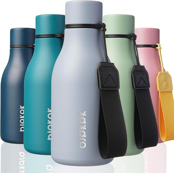 BJPKPK Insulated Water Bottles, 12oz Stainless Steel Metal Water Bottle with Strap, BPA Free Leak Proof Thermos, Mugs, Flasks, Reusable Water Bottle for Sports & Travel, Mist Grey