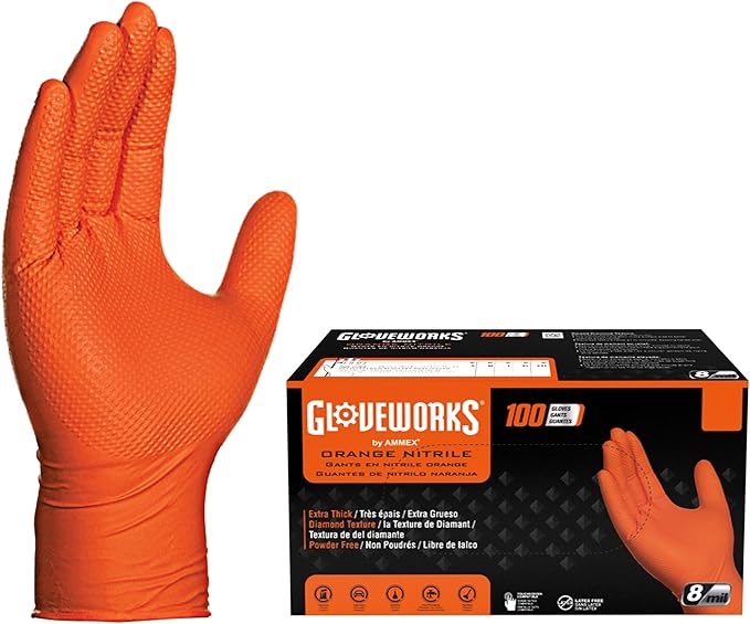 GLOVEWORKS Heavy-Duty Nitrile Gloves, Disposable, Latex Free, 8 Mil, Orange, Diamond Grip Glove