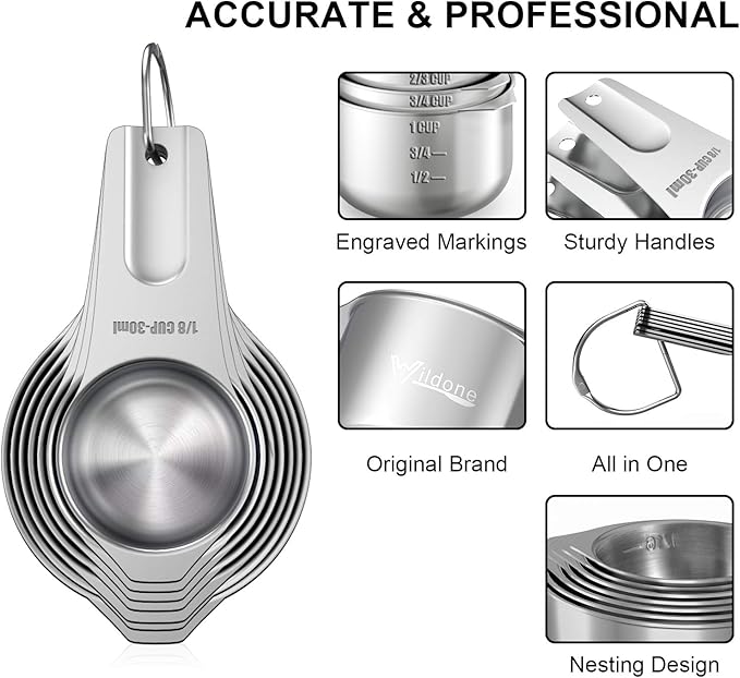 Wildone Measuring Cups & Spoons Set of 21 - Includes 7 Stainless Steel Nesting Cups, 8 Measuring Spoons, 1 Leveler & 5 Mini Measuring Spoons, Ideal for Dry and Liquid Ingredients
