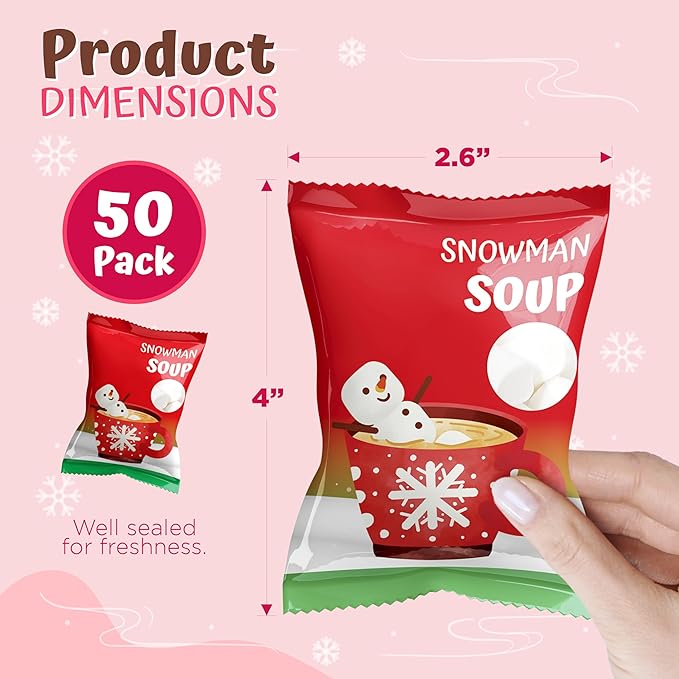 4E's Novelty 50 Packs "Snowman Soup" Mini Marshmallow Packets, Vanilla Flavored, 14 Marshmallows in Each Bag, Bulk Individually Wrapped Christmas Marshmallows For Hot Chocolate Bar Supplies Party Treats