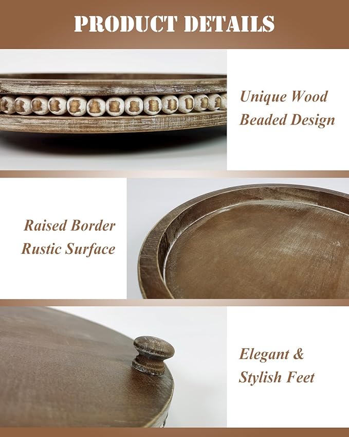 12 Inches Rustic Wooden Decorative Tray, Small Round Beaded Wood Tray for Kitchen Dinning Table Centerpiece Decor Entryway Living Room Home Decor, Brown