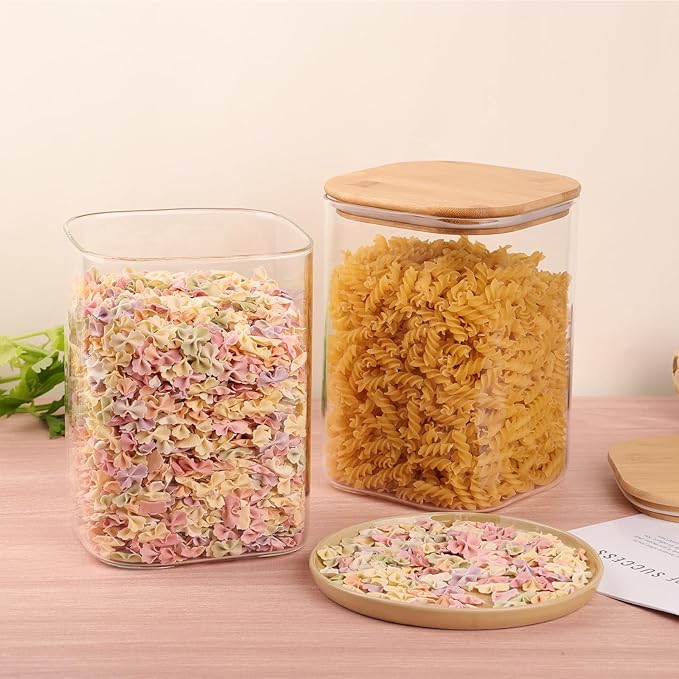 Glass Food Storage Jars 150 Set of 2,Glass Storage Containers Clear Glass Food Canister with Bamboo Lid Airtight For Serving Tea, Coffee, Flour, Sugar, Candy, Cookie, Spice and More (Square)