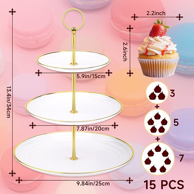 PinCute Cupcake Stand Holder - 3 Tier Cup Cake Dessert Tower, Plastic Tiered Serving Tray&Metal Rod for Birthday Party, Baby Shower and More