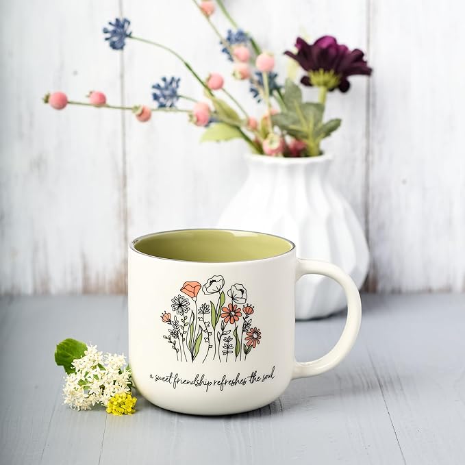 Christian Art Gifts Sage Green Floral Ceramic Coffee Mug – 15 oz. Microwave and Dishwasher-safe Inspirational Scripture Coffee and Tea Mug for Friends with Bible Verse: Sweet Friendship –Proverbs 27:9
