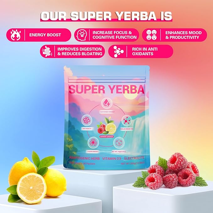 Super Yerba Mate Instant Tea Powder with Prebiotics & Probiotics - Raspberry Lemonade Flavor for Gut Health & Digestion, Natural Energy & Focus Boost, Antioxidant Rich Superfood, 30 Servings