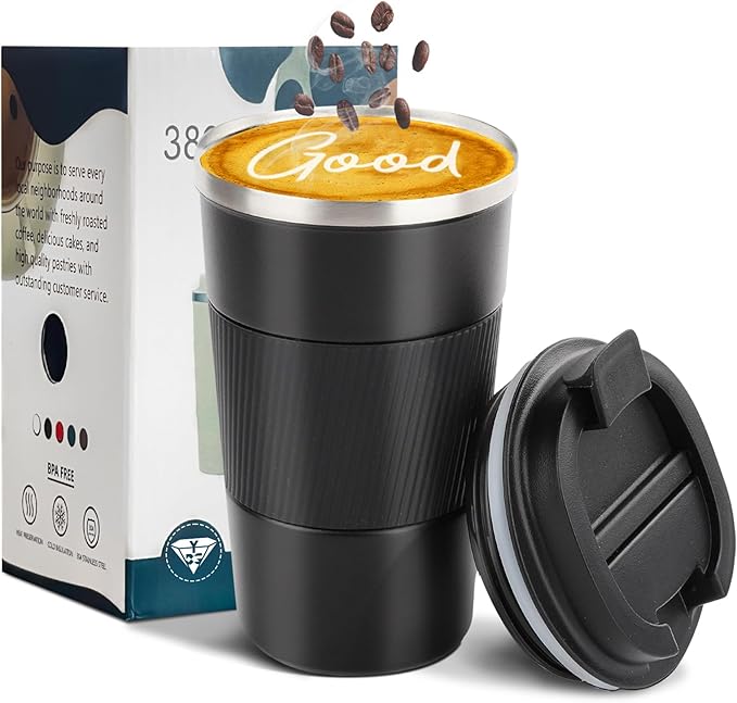 YINBAOGE Insulated Travel Coffee Mug Spill Proof Leak Proof Pobtable To Go Camping Stainless Steel Coffee Tumbler Reusable Coffee Cups with Lids Thermos for Hot and Cold Drink (Black, 17 OZ)