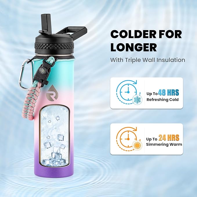 Insulated Water Bottle 20 oz, Triple Wall Vacuum Stainless Steel (Cold for 48 Hrs), Leak Proof & Non-BPA, Kids Water Bottle Jug for School with Straw Spout Lids, Hydrangea