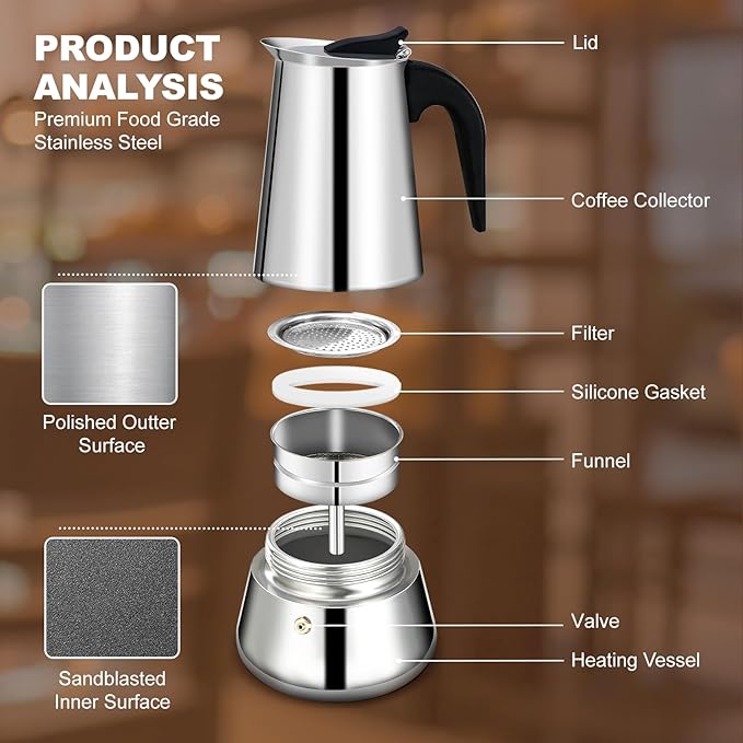 6 Cup Stovetop Espresso Maker Stainless Steel Moka Pot Stove Top Percolator Italian Coffee Makers Capable Mocha Greca Machine Cafe Classic Induction Cookers for Home and Camping 300ml 10oz
