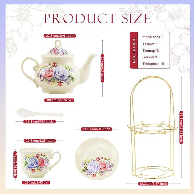 20-Pieces Porcelain Bone china Tea Sets,Gold Rim Coffee Set with Golden Metal Rack,Tea Gift Sets for Home&Party (009)