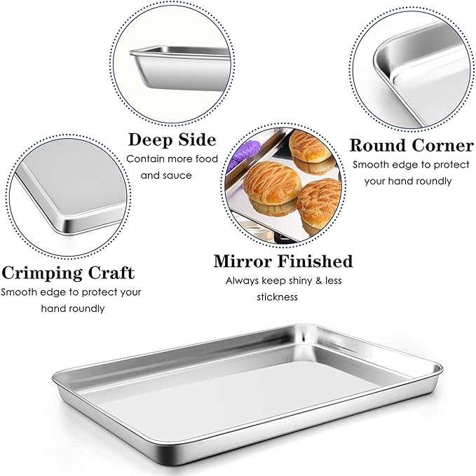 P&P CHEF 12.5 Inch Baking Cookie Sheet, Oven Pan Tray Stainless Steel Sheet Pan for Kitchen, Oven Bakeware for Multi Uses, Shiny Look & Dishwasher Safe, Healthy & Heavy Duty, 4Pcs