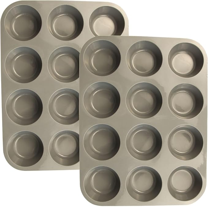 12 Cups Silicone Mini Muffin Pan Set, Nonstick Mini Cupcake Pans, BPA Free Small Muffin Tin for Baking, Set of 2 (Gray+Gray)