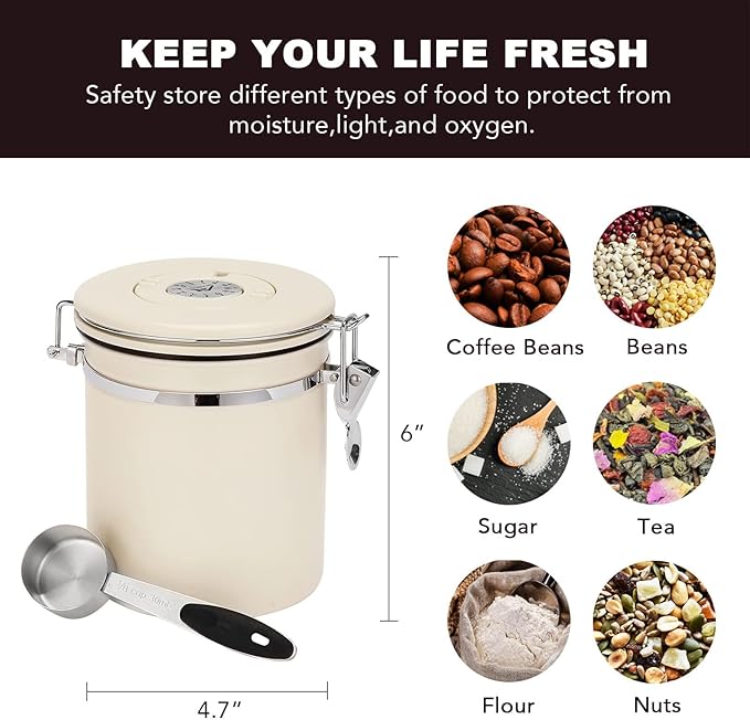 ShanSon Coffee Canister Airtight Coffee Container Stainless Steel Coffee Bean Storage Container with Scoop Coffee Canister for Beans Grounds Sugar Flour Tea Cereal,16OZ, Beige