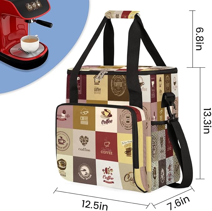 Set of Coffee Icons Maker Carring Bag Travel Carrying Storage Tote Compatible with Keurig K-Mini or Plus Portable Single Serve Brewer Case Pockets for K-cup Pods