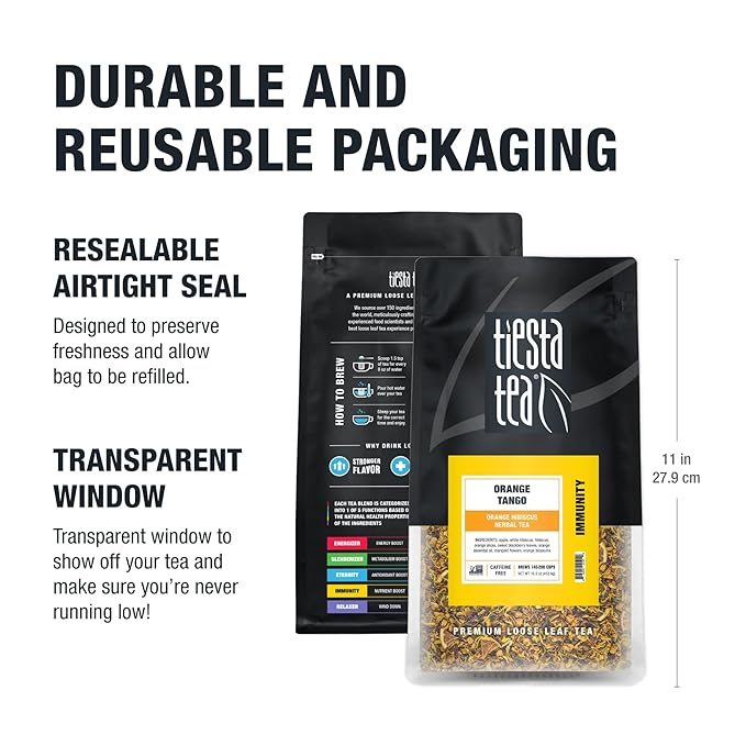 Tiesta Tea - Orange Tango, Loose Leaf, Orange Hibiscus Herbal Tea, Premium Non-Caffeinated Fruit Blend, Makes Hot or Iced & Up to 200 Cups, 16oz Resealable Pouch
