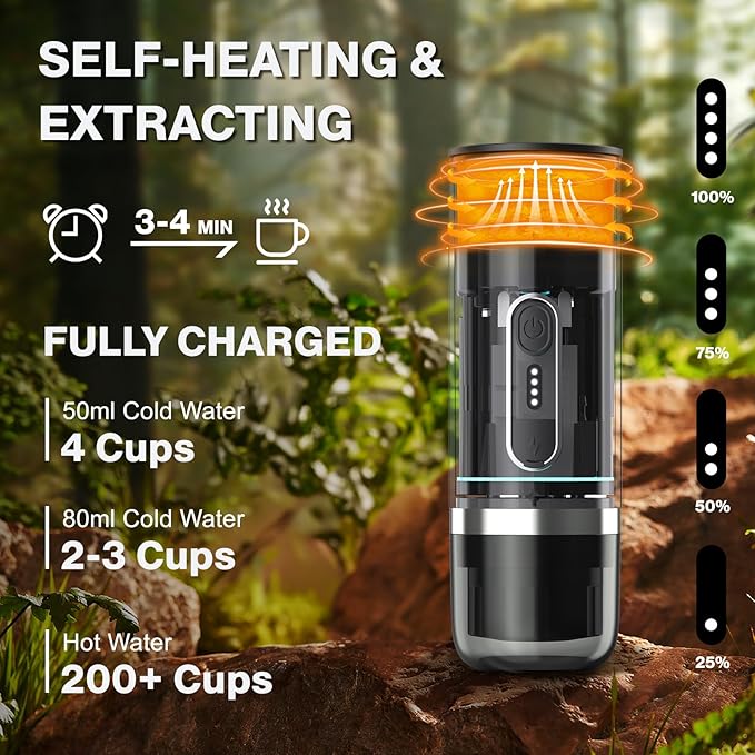 Portable Espresso Machine, Travel Coffee Maker for Camping, Outdoor, Office, Self Heating Type C Charger, NS Capsule & Ground Coffee, For Travel, Outdoor, Hiking, Office,(Dark Grey)
