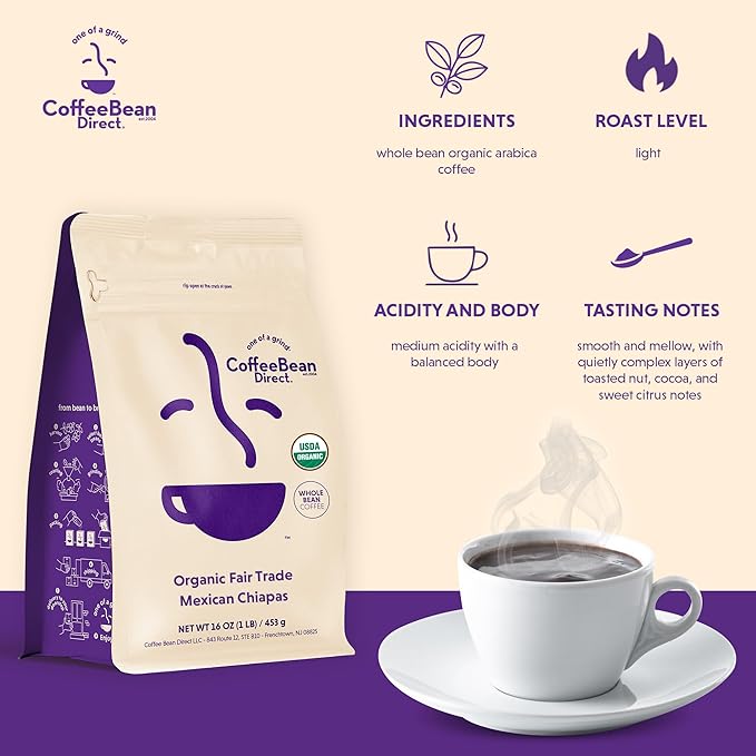 Coffee Bean Direct Organic Fair Trade Mexican Chiapas, Whole Bean Coffee, Light Roast, 1 Pound Bag (Pack of 1)
