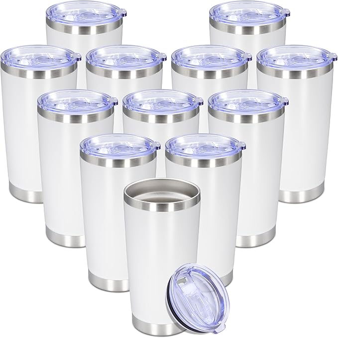 20 oz Tumbler with lid Double Wall Vacuum Insulated Tumblers Stainless Steel Coffee Mug Travel Coffee Tumbler Powder Coated Tumbler Cup Keep Hot&Cold - (White 12 Pack)