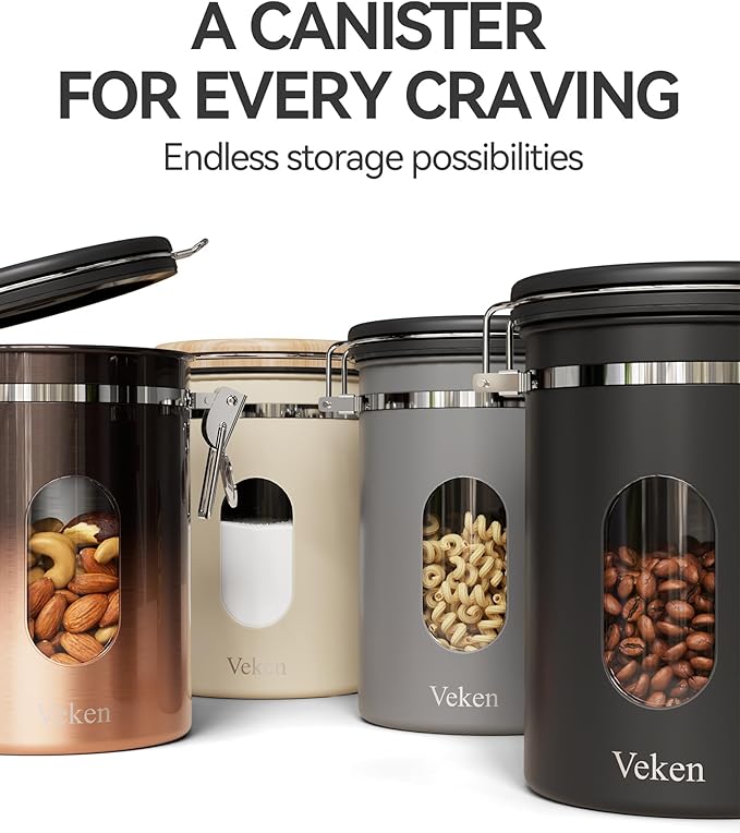 Veken Coffee Canister with Window,Airtight Stainless Steel Kitchen Food Storage Container, Date Tracker & Scoop for Grounds Coffee, Beans, Tea, Flour, Cereal,Sugar,22OZ,Grey