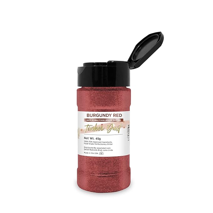 BAKELL Burgundy Red Edible Glitter, 45 Grams | TINKER DUST Edible Glitter | KOSHER Certified | 100% Edible Glitter | Cakes, Cupcakes, Cake Pops, Drinks, Dessert Vegan Glitter & Dusts (45g Shaker, Burgundy Red)